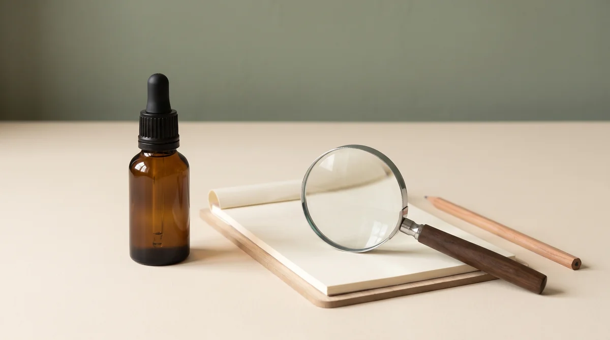 Een gesloten bruin pipetflesje naast een notitieboek en een vergrootglas — een illustratie.