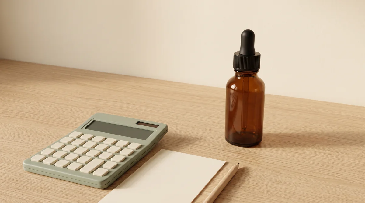 Een gesloten bruin pipetflesje naast een rekenmachine en papier — een illustratie.