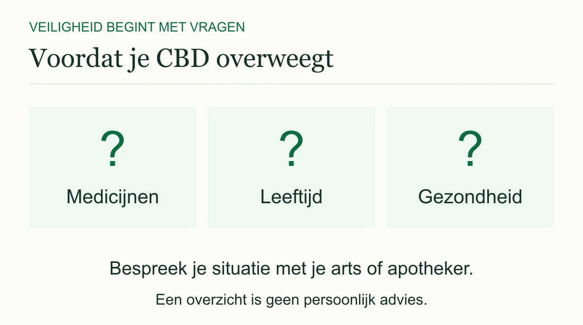 Medicijnen, leeftijd en gezondheid: drie onderwerpen om met je arts of apotheker te bespreken voordat je CBD overweegt.